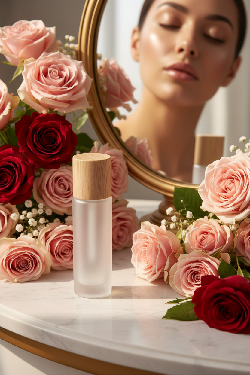Flacon avec couvercle en bois et femme au miroir entourée de roses